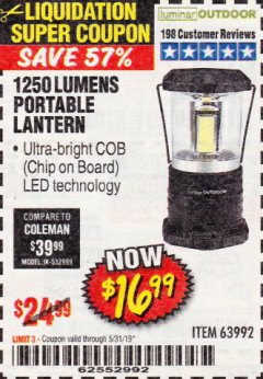 Harbor Freight Coupon 1250 LUMENS PORTABLE LANTERN Lot No. 63992 Expired: 5/31/19 - $16.99