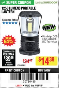 Harbor Freight Coupon 1250 LUMENS PORTABLE LANTERN Lot No. 63992 Expired: 4/21/19 - $14.39