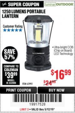 Harbor Freight Coupon 1250 LUMENS PORTABLE LANTERN Lot No. 63992 Expired: 5/12/19 - $16.99