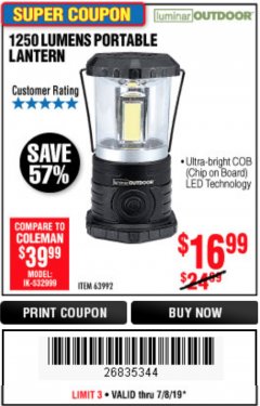 Harbor Freight Coupon 1250 LUMENS PORTABLE LANTERN Lot No. 63992 Expired: 7/7/19 - $16.99