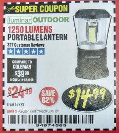 Harbor Freight Coupon 1250 LUMENS PORTABLE LANTERN Lot No. 63992 Expired: 8/31/19 - $14.99