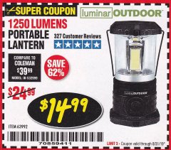 Harbor Freight Coupon 1250 LUMENS PORTABLE LANTERN Lot No. 63992 Expired: 8/31/19 - $14.99