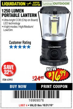 Harbor Freight Coupon 1250 LUMENS PORTABLE LANTERN Lot No. 63992 Expired: 10/31/19 - $16.99