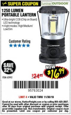 Harbor Freight Coupon 1250 LUMENS PORTABLE LANTERN Lot No. 63992 Expired: 11/30/19 - $16.99