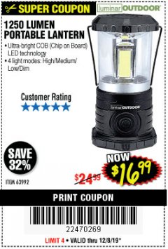 Harbor Freight Coupon 1250 LUMENS PORTABLE LANTERN Lot No. 63992 Expired: 12/8/19 - $16.99