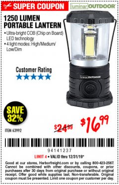 Harbor Freight Coupon 1250 LUMENS PORTABLE LANTERN Lot No. 63992 Expired: 12/31/19 - $16.99