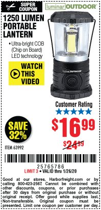 Harbor Freight Coupon 1250 LUMENS PORTABLE LANTERN Lot No. 63992 Expired: 1/26/20 - $16.99