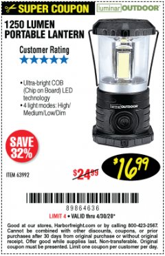 Harbor Freight Coupon 1250 LUMENS PORTABLE LANTERN Lot No. 63992 Expired: 6/30/20 - $16.99