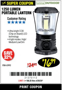 Harbor Freight Coupon 1250 LUMENS PORTABLE LANTERN Lot No. 63992 Expired: 6/30/20 - $16.99