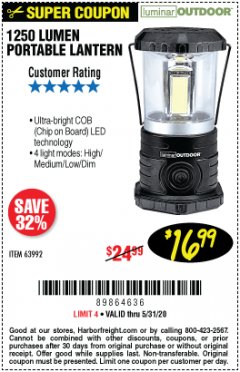 Harbor Freight Coupon 1250 LUMENS PORTABLE LANTERN Lot No. 63992 Expired: 6/30/20 - $16.99