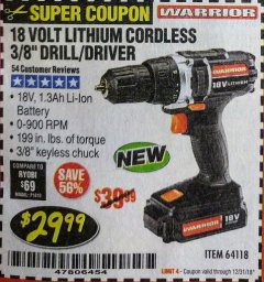 Harbor Freight Coupon 18 VOLT LITHIUM CORDLESS 3/8" DRILL/DRIVER Lot No. 64118 Expired: 12/31/18 - $29.99
