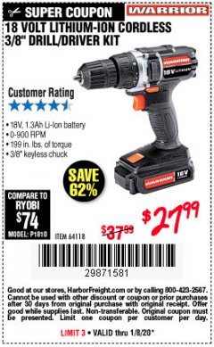 Harbor Freight Coupon 18 VOLT LITHIUM CORDLESS 3/8" DRILL/DRIVER Lot No. 64118 Expired: 1/8/20 - $27.99