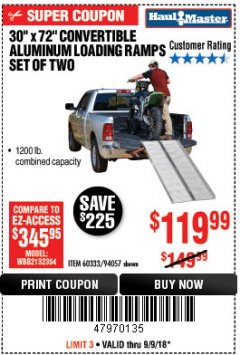 Harbor Freight Coupon 30" X 72" CONVERTIBLE ALUMINUM LOADING RAMPS SET OF TWO Lot No. 60333/94057 Expired: 9/9/18 - $119.99