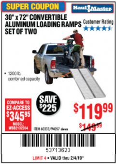 Harbor Freight Coupon 30" X 72" CONVERTIBLE ALUMINUM LOADING RAMPS SET OF TWO Lot No. 60333/94057 Expired: 2/4/19 - $119.99