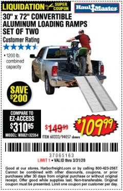 Harbor Freight Coupon 30" X 72" CONVERTIBLE ALUMINUM LOADING RAMPS SET OF TWO Lot No. 60333/94057 Expired: 3/31/20 - $109.99