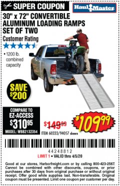 Harbor Freight Coupon 30" X 72" CONVERTIBLE ALUMINUM LOADING RAMPS SET OF TWO Lot No. 60333/94057 Expired: 6/30/20 - $109.99