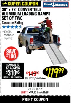 Harbor Freight Coupon 30" X 72" CONVERTIBLE ALUMINUM LOADING RAMPS SET OF TWO Lot No. 60333/94057 Expired: 6/30/20 - $119.99