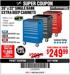 Harbor Freight Coupon 26" X 22" SINGLE BANK EXTRA DEEP CABINETS Lot No. 64434/64433/64432/64431/64163/64162/56234/56233/56235/56104/56105/56106 Expired: 3/24/19 - $249.99