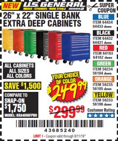Harbor Freight Coupon 26" X 22" SINGLE BANK EXTRA DEEP CABINETS Lot No. 64434/64433/64432/64431/64163/64162/56234/56233/56235/56104/56105/56106 Expired: 8/11/19 - $249.99