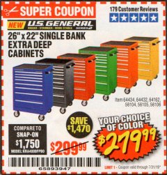 Harbor Freight Coupon 26" X 22" SINGLE BANK EXTRA DEEP CABINETS Lot No. 64434/64433/64432/64431/64163/64162/56234/56233/56235/56104/56105/56106 Expired: 7/31/19 - $279.99
