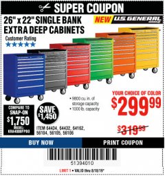 Harbor Freight Coupon 26" X 22" SINGLE BANK EXTRA DEEP CABINETS Lot No. 64434/64433/64432/64431/64163/64162/56234/56233/56235/56104/56105/56106 Expired: 8/18/19 - $299.99