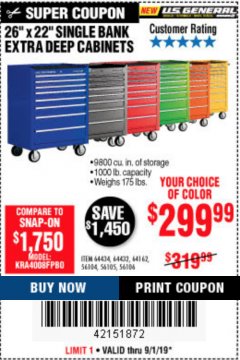 Harbor Freight Coupon 26" X 22" SINGLE BANK EXTRA DEEP CABINETS Lot No. 64434/64433/64432/64431/64163/64162/56234/56233/56235/56104/56105/56106 Expired: 9/1/19 - $299.99