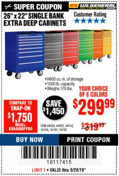 Harbor Freight Coupon 26" X 22" SINGLE BANK EXTRA DEEP CABINETS Lot No. 64434/64433/64432/64431/64163/64162/56234/56233/56235/56104/56105/56106 Expired: 9/29/19 - $299.99