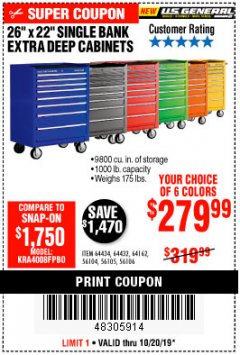 Harbor Freight Coupon 26" X 22" SINGLE BANK EXTRA DEEP CABINETS Lot No. 64434/64433/64432/64431/64163/64162/56234/56233/56235/56104/56105/56106 Expired: 10/20/19 - $279.99
