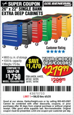 Harbor Freight Coupon 26" X 22" SINGLE BANK EXTRA DEEP CABINETS Lot No. 64434/64433/64432/64431/64163/64162/56234/56233/56235/56104/56105/56106 Expired: 6/30/20 - $279.99