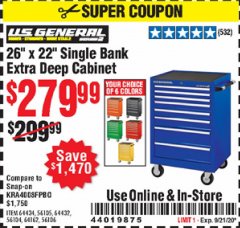 Harbor Freight Coupon 26" X 22" SINGLE BANK EXTRA DEEP CABINETS Lot No. 64434/64433/64432/64431/64163/64162/56234/56233/56235/56104/56105/56106 Expired: 9/21/20 - $279.99