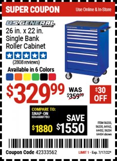 Harbor Freight Coupon 26" X 22" SINGLE BANK EXTRA DEEP CABINETS Lot No. 64434/64433/64432/64431/64163/64162/56234/56233/56235/56104/56105/56106 Expired: 7/17/22 - $329.99