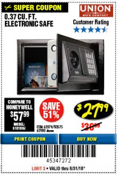 Harbor Freight Coupon UNION SAFE COMPANY 0.37 CU. FT. ELECTRONIC DIGITAL SAFE Lot No. 62979/62980 Expired: 8/31/18 - $27.99
