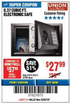 Harbor Freight Coupon UNION SAFE COMPANY 0.37 CU. FT. ELECTRONIC DIGITAL SAFE Lot No. 62979/62980 Expired: 8/26/18 - $27.99