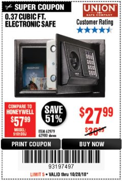Harbor Freight Coupon 0.37 CU.FT. ELECTRONIC SAFE Lot No. 62979/93575/62980 Expired: 10/28/18 - $27.99