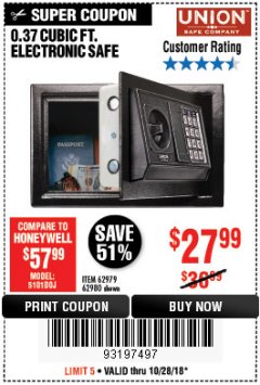 Harbor Freight Coupon UNION SAFE COMPANY 0.37 CU. FT. ELECTRONIC DIGITAL SAFE Lot No. 62979/62980 Expired: 10/28/18 - $27.99