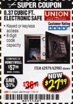 Harbor Freight Coupon 0.37 CU.FT. ELECTRONIC SAFE Lot No. 62979/93575/62980 Expired: 11/30/18 - $27.99
