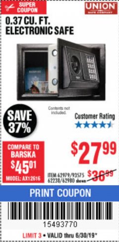 Harbor Freight Coupon UNION SAFE COMPANY 0.37 CU. FT. ELECTRONIC DIGITAL SAFE Lot No. 62979/62980 Expired: 6/30/19 - $27.99