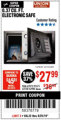 Harbor Freight Coupon UNION SAFE COMPANY 0.37 CU. FT. ELECTRONIC DIGITAL SAFE Lot No. 62979/62980 Expired: 8/25/19 - $27.99
