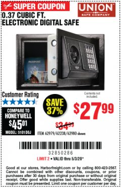 Harbor Freight Coupon UNION SAFE COMPANY 0.37 CU. FT. ELECTRONIC DIGITAL SAFE Lot No. 62979/62980 Expired: 6/30/20 - $27.99