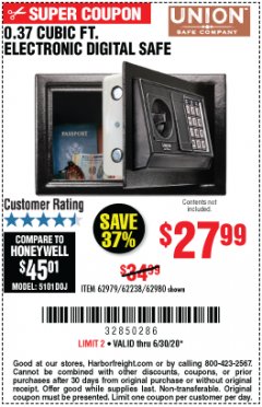 Harbor Freight Coupon UNION SAFE COMPANY 0.37 CU. FT. ELECTRONIC DIGITAL SAFE Lot No. 62979/62980 Expired: 6/30/20 - $27.99