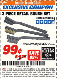 Harbor Freight ITC Coupon DETAIL BRUSH SET 3 PC. Lot No. 69638 Expired: 8/31/18 - $0.99