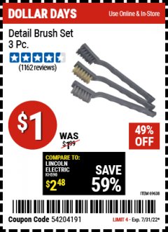 Harbor Freight Coupon DETAIL BRUSH SET 3 PC. Lot No. 69638 Expired: 7/31/22 - $1