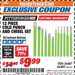 Harbor Freight ITC Coupon PITTSBURGH PRO COLD CHISEL AND PUNCH SET, 12-PIECE Lot No. 66440 Expired: 10/31/19 - $9.99