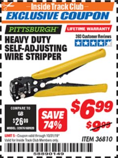 Harbor Freight ITC Coupon HEAVY DUTY SELF-ADJUSTING WIRE STRIPPER Lot No. 57316/36810 Expired: 10/31/19 - $6.99