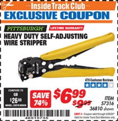 Harbor Freight ITC Coupon HEAVY DUTY SELF-ADJUSTING WIRE STRIPPER Lot No. 57316/36810 Expired: 4/30/20 - $6.99