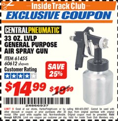 Harbor Freight ITC Coupon 33 OZ. LVLP GENERAL PURPOSE AIR SPRAY GUN Lot No. 61455 Expired: 8/31/18 - $14.99
