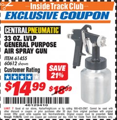 Harbor Freight ITC Coupon 33 OZ. LVLP GENERAL PURPOSE AIR SPRAY GUN Lot No. 61455 Expired: 11/30/18 - $14.99