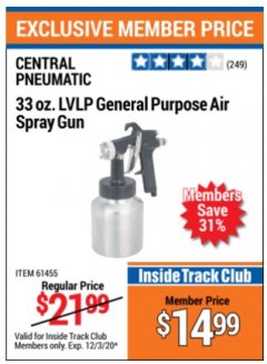 Harbor Freight ITC Coupon 33 OZ. LVLP GENERAL PURPOSE AIR SPRAY GUN Lot No. 61455 Expired: 12/3/20 - $14.99