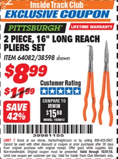 Harbor Freight ITC Coupon 2 PIECE, 16" LONG REACH PLIERS SET Lot No. 38598/64082 Expired: 10/31/18 - $8.99