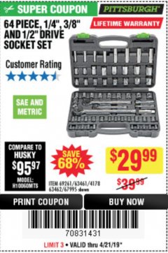Harbor Freight Coupon 64 PIECE 1/4", 3/8", AND 1/2" SOCKET SET Lot No. 67995/69261/63461/63462 Expired: 4/21/19 - $29.99